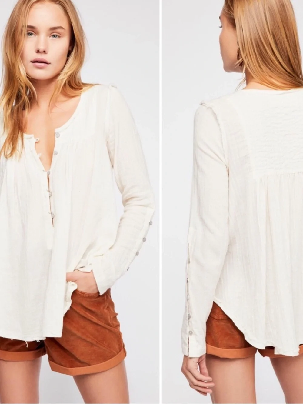 Free People Sand Dune Henley Oversized Tunic Top Boho Fringe Hem Cream Size L